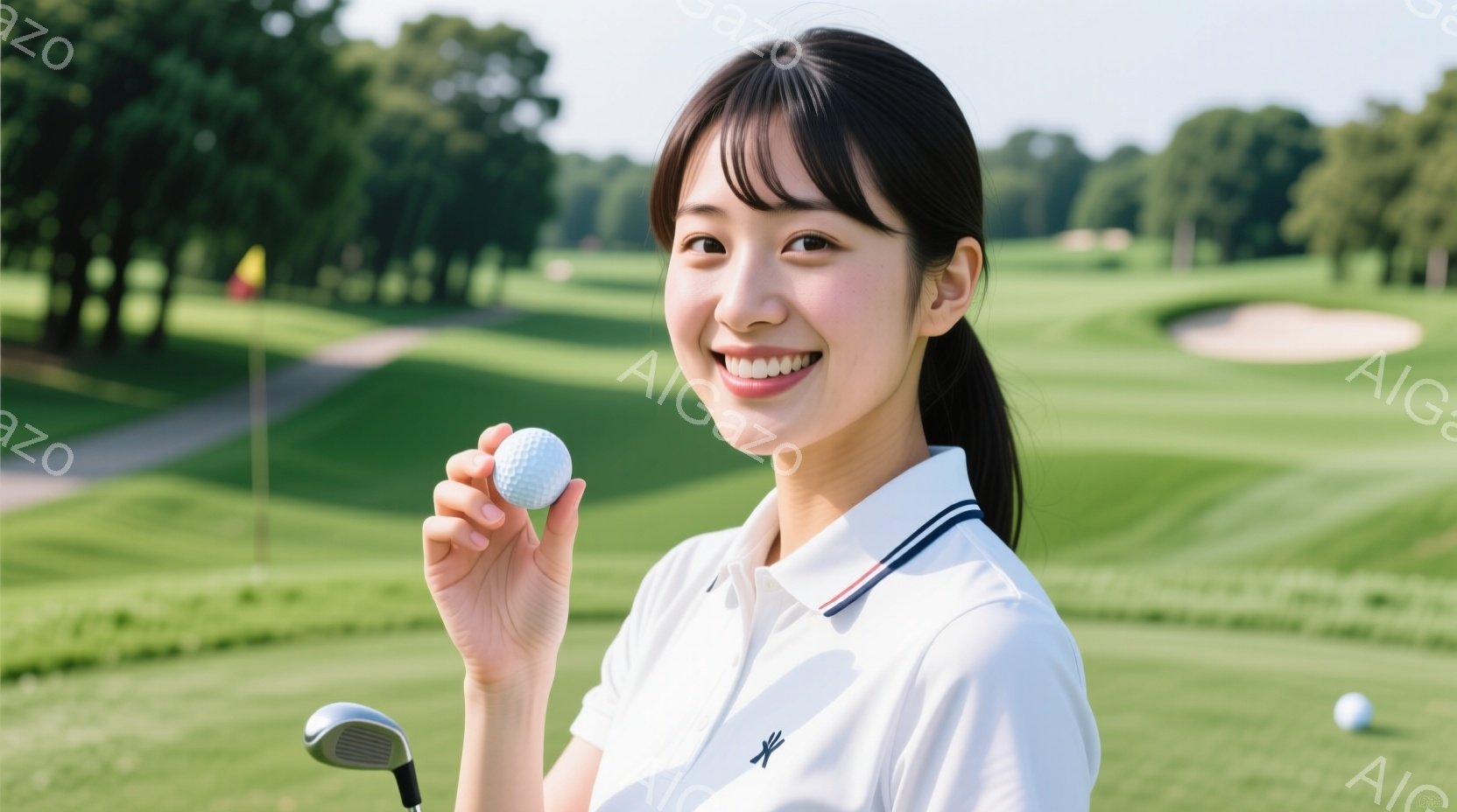 女性はゴルフコースで、白いポロシャツと赤いラインが入った襟が特徴的な服装をしています。彼女は笑顔でゴルフボールを手に持ち、左手にはゴルフクラブを持っています。背景には緑豊かなゴルフコースが広がり、晴れ - AI生成フリー素材