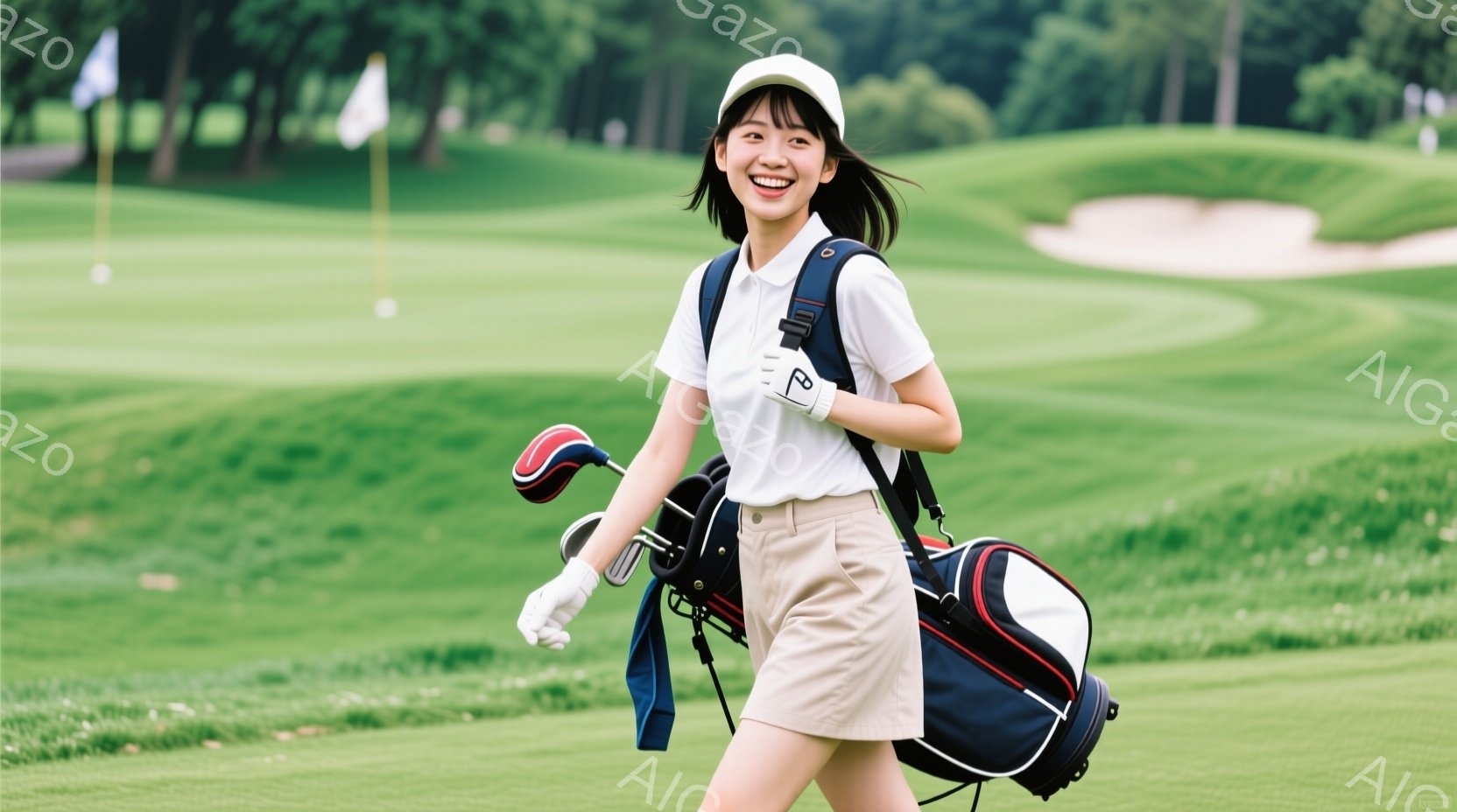 若い女性ゴルファーが、緑豊かなゴルフ場のフェアウェイを歩いている。白いポロシャツにベージュのショートパンツ、そして白いゴルフグローブと帽子を身につけ、満面の笑みを浮かべている。背景には、旗が立つグリーンと、緑の木々が生い茂る丘が見え、晴天の下で爽やかなゴルフを楽しんでいる様子が伝わる。