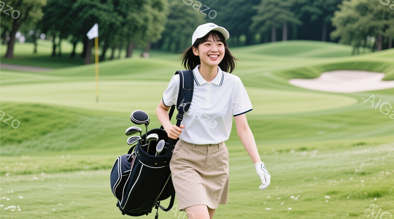 若い女性がゴルフコースを歩いている様子が写っている。白いポロシャツにベージュのスカート、白の帽子を着用し、ゴルフバッグを肩にかけている。彼女は笑顔で、太陽の光が差し込む緑豊かなゴルフコースを明るく歩いている。