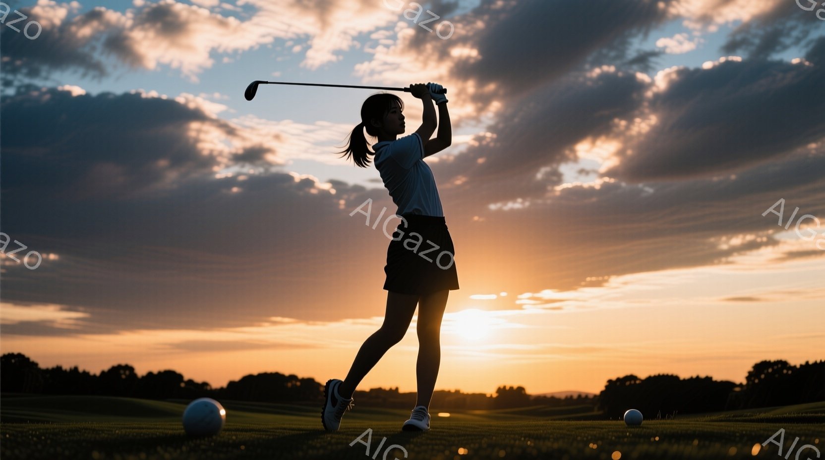 一人の女性がゴルフのスイングをしているシルエットが描かれている。彼女は白いポロシャツと黒いスカートを着用し、高いポニーテールで髪をまとめており、力強いスイングの姿勢を見せている。背景は夕焼けに染まった - AI生成フリー素材