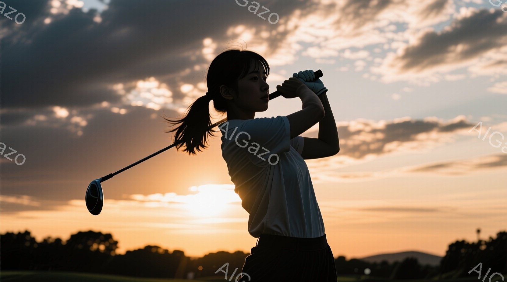 ゴルフの女性がスイングしている姿を捉えた写真です。彼女は白いポロシャツと黒いズボンを着用し、髪は後ろでポニーテールにまとめています。背景は夕焼けに染まり、ゴルフコースの緑と空のオレンジ色が美しいコントラストを生み出しています。
