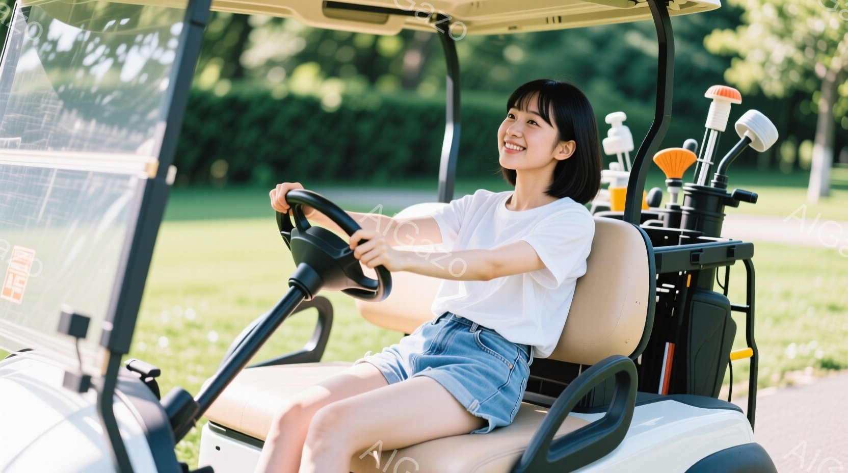 白いTシャツにデニムのショートパンツを着た若い女性が、ゴルフカートの運転席に座り、ハンドルを握って笑顔を見せています。背景には緑豊かなゴルフコースと晴天が広がり、女性はリラックスした様子でゴルフを楽し - AI生成フリー素材
