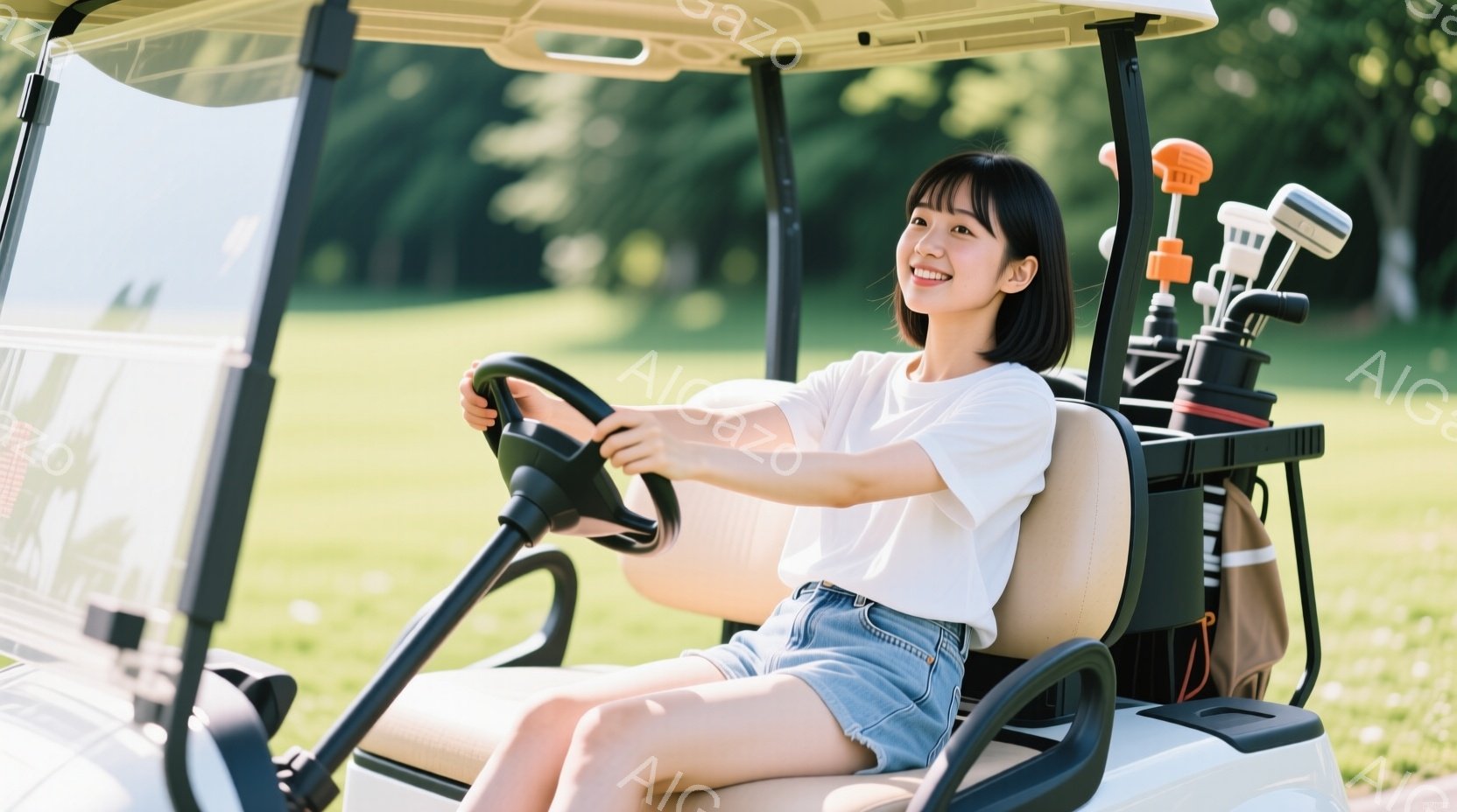 若い女性がゴルフカートを運転しており、白いTシャツとデニムのショートパンツを着ています。彼女は短い黒髪で、笑顔で前を見つめており、リラックスした姿勢で運転を楽しんでいる様子です。背景には緑豊かなゴルフコースが広がり、晴れた日の穏やかな雰囲気が感じられます。