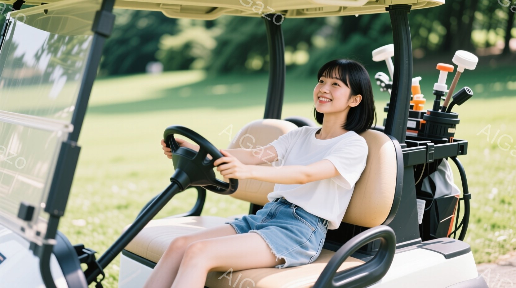 女性はゴルフカートの運転席に座り、ハンドルを握って微笑んでいます。白いTシャツとデニムのスカートを着ており、ショートヘアです。背景には緑のゴルフコースが広がり、晴天の下、爽やかな雰囲気です。