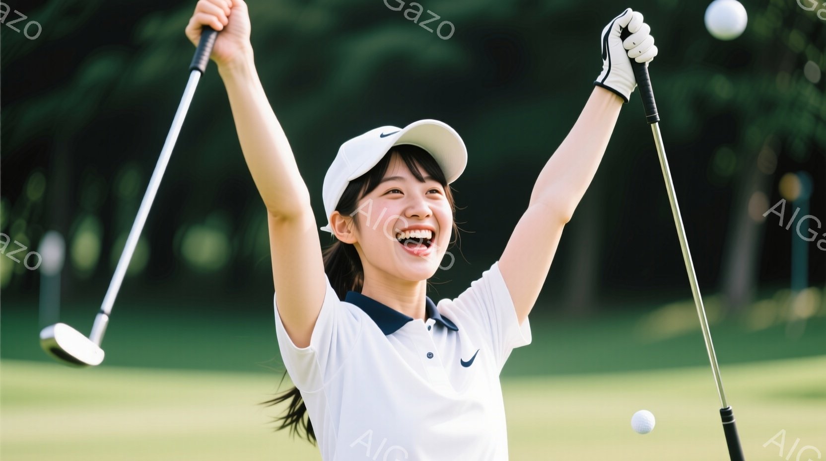 女性がゴルフを楽しむ姿勢で、背景は草地と木々。興奮の表情で感じる熱意が際立っています。
