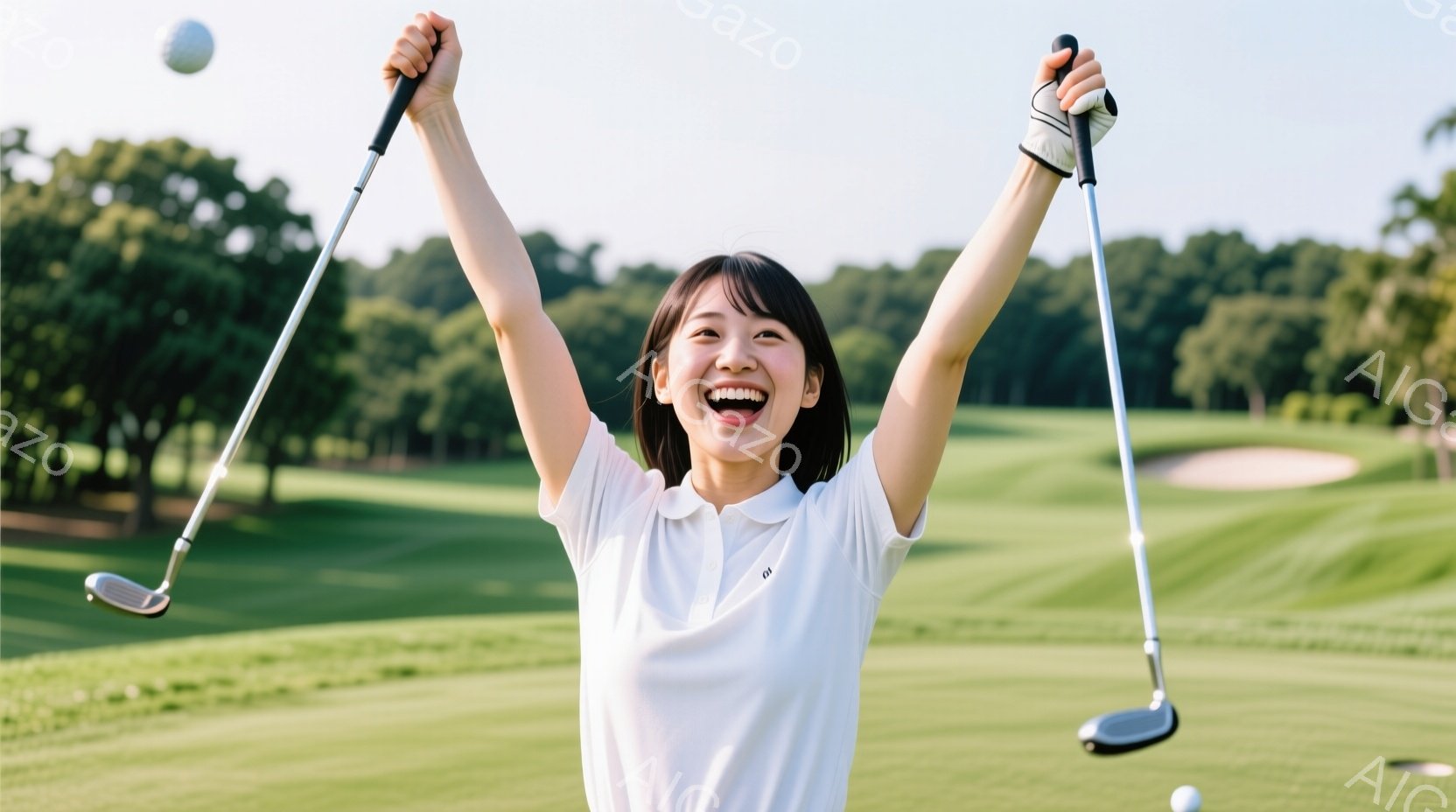 白いポロシャツを着た女性が、両手を上げて歓喜しています。黒髪で、満面の笑みを浮かべており、ゴルフコースの緑豊かな背景が広がっています。空は晴れており、ゴルフボールがいくつか空中に浮かんでおり、明るく活 - AI生成フリー素材