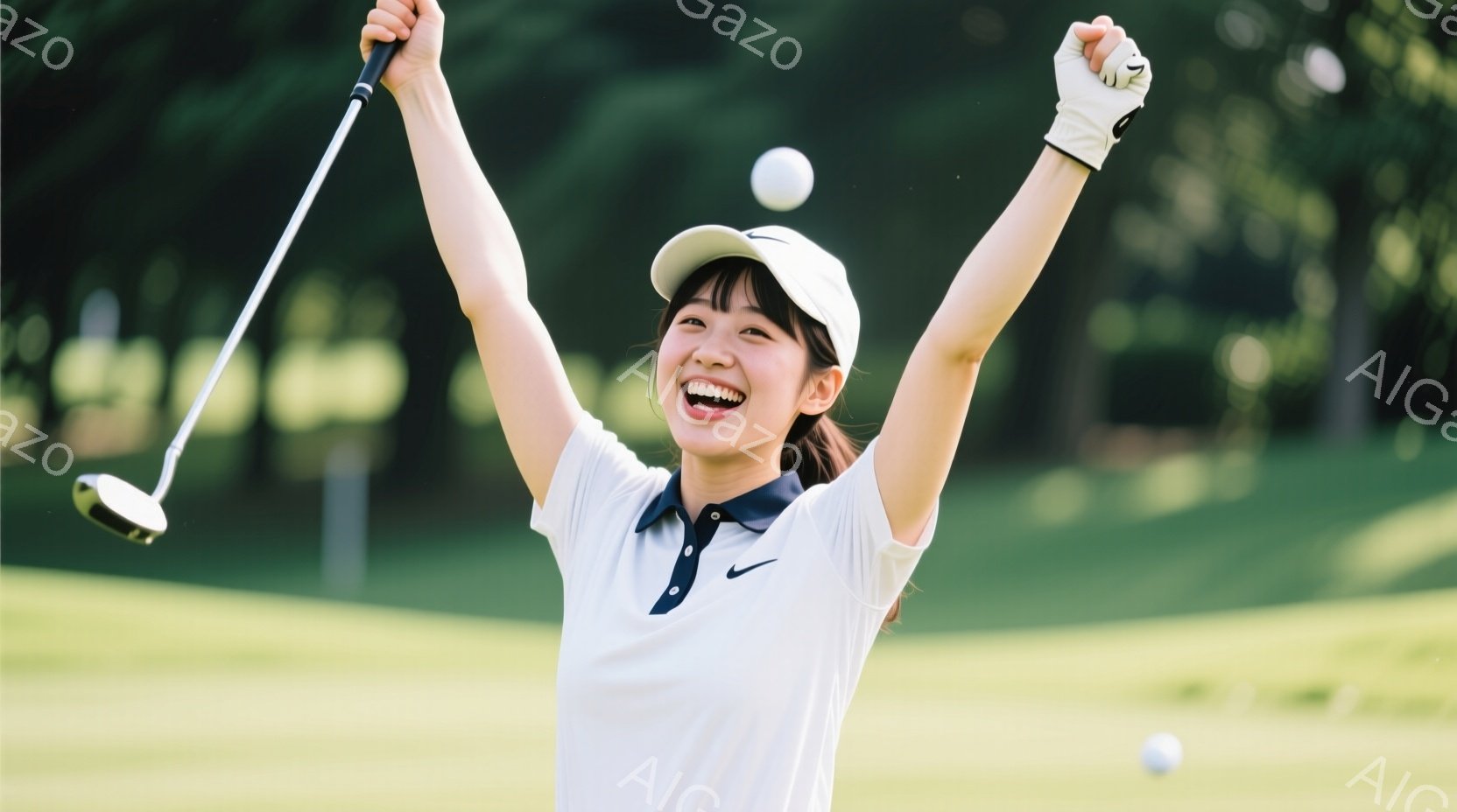 若い女性ゴルファーが、ゴルフ場で勝利を祝うように両手を高く上げて歓喜しています。白いポロシャツに紺色の縁取り、白の帽子を着用し、満面の笑みを浮かべています。背景には緑豊かなゴルフコースが広がり、晴天の - AI生成フリー素材