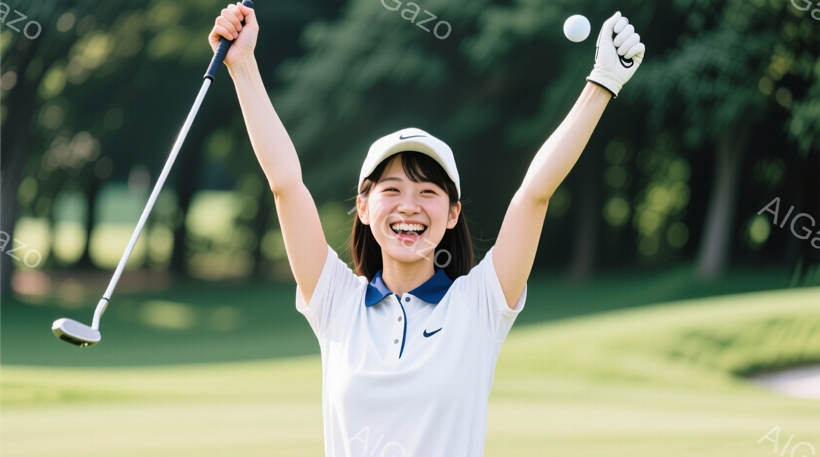 若い女性ゴルファーが、緑豊かなゴルフ場の背景で勝利のポーズをとっています。白い襟付きのポロシャツに、濃い紺色の縁取りがあり、紺色のキャップをかぶっています。彼女は満面の笑みを浮かべ、クラブを高く掲げ、ゴルフボールが空中に浮かんでいます。