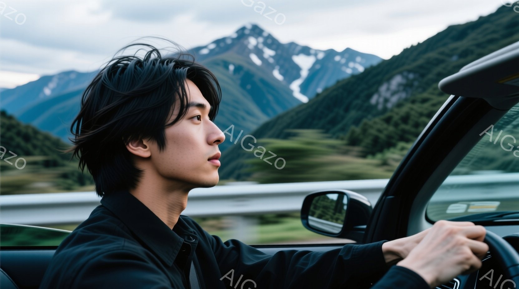 若い男性が運転席で横を向いており、黒いシャツを着ています。彼は短く整えられた黒髪で、リラックスした表情で遠くを見つめています。背景には緑豊かな山々と、曇り空が広がっており、旅の途中の穏やかな雰囲気が漂っています。