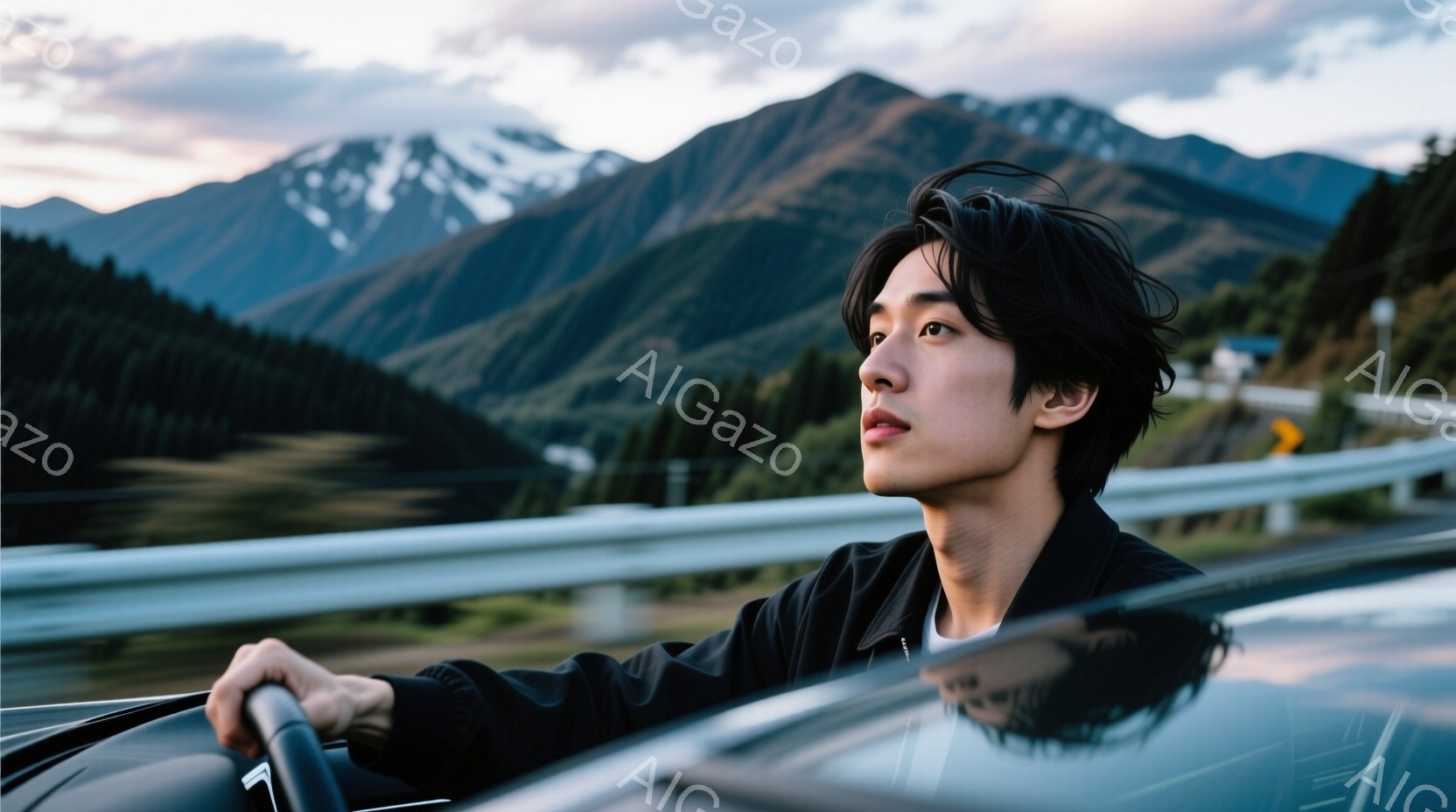若い男性が運転席に座り、遠くの山々を見つめている。彼は黒いジャケットを着ており、ダークトーンの髪型で、少し憂いを帯びた表情をしている。背景には、雪を頂く山々と緑豊かな森林が広がり、天候は晴れで、爽やか - AI生成フリー素材