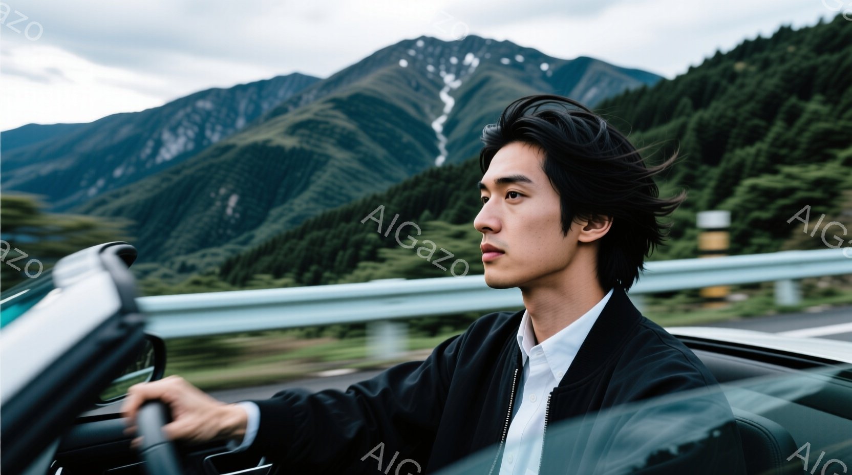 若い男性が運転席に座り、車を運転している様子が写っている。彼は白いシャツに黒いジャケットを着ており、髪は無造作にセットされている。背景には緑豊かな山々と、やや霞んだ空が広がり、疾走感と開放感を漂わせる - AI生成フリー素材