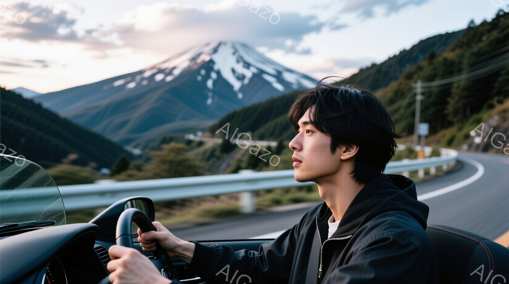 若い男性が車を運転しており、黒いパーカーを着て、短髪で少し無造作なヘアスタイルをしている。彼は真剣な表情で前方を注視し、ハンドルをしっかりと握っている。背景には富士山が聳え立ち、周囲は緑豊かな山々と曲 - AI生成フリー素材