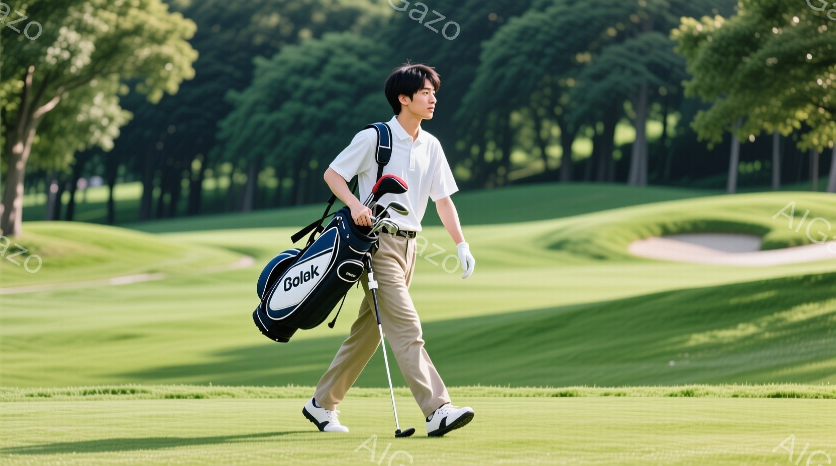 若い男性がゴルフ場を歩いている様子が写っている。彼は白いポロシャツにベージュ色のパンツ、白いゴルフシューズを履き、肩にゴルフバッグをかけている。背景には緑豊かなゴルフコースが広がり、晴天の下、爽やかな雰囲気が漂っている。