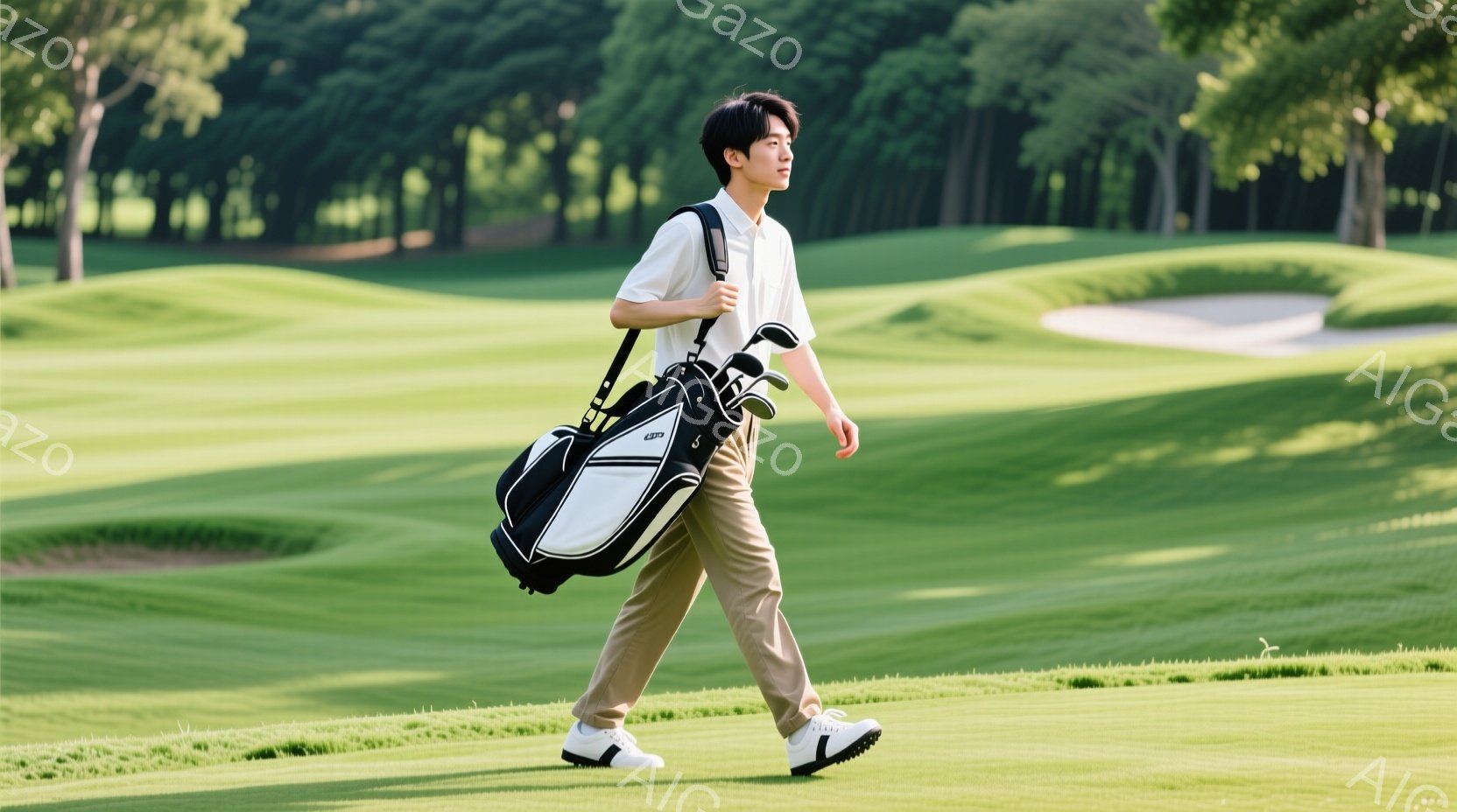 若い男性がゴルフ場を歩いている様子が写っている。彼はベージュ色のパンツと白のポロシャツを着用し、肩に黒と白のゴルフバッグをかけている。背景には緑豊かなゴルフコースと木々が広がり、晴天で穏やかな雰囲気が - AI生成フリー素材