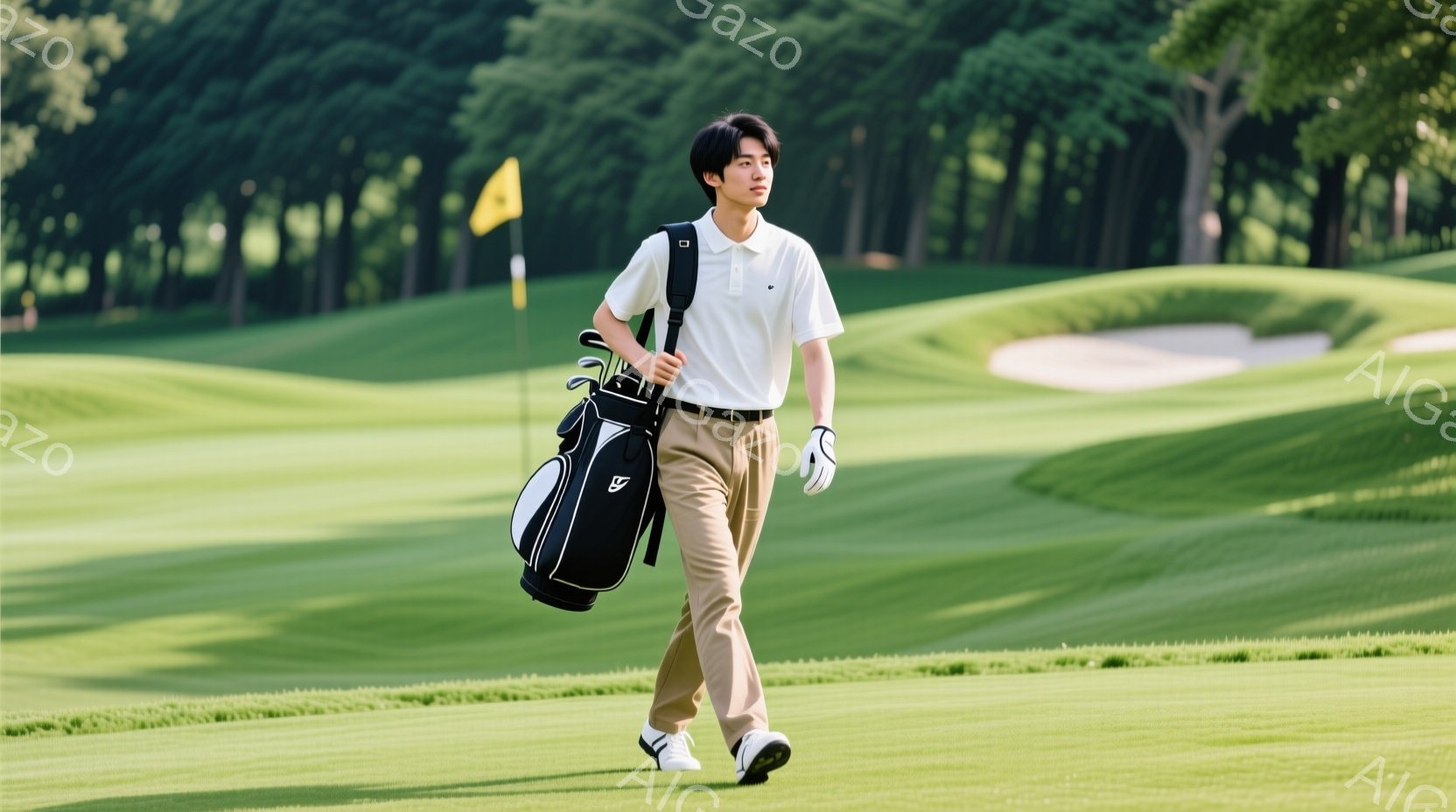 若い男性がゴルフ場を歩いている様子が写っている。彼は白いポロシャツ、ベージュのズボン、ゴルフシューズを着用し、左肩にゴルフバッグを担いでいる。背景には緑豊かなゴルフコースと旗が立ち、晴天の下、爽やかな - AI生成フリー素材
