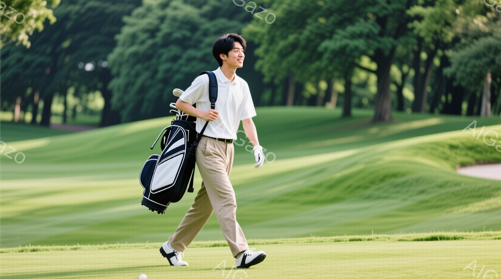 若い男性がゴルフコースを歩いている様子が写っている。彼は白いポロシャツにベージュ色のズボン、ゴルフシューズを着用し、肩にゴルフバッグをかけている。背景には緑豊かな芝生と木々が広がり、晴天の下で爽やかなゴルフを楽しんでいる様子が伝わる。