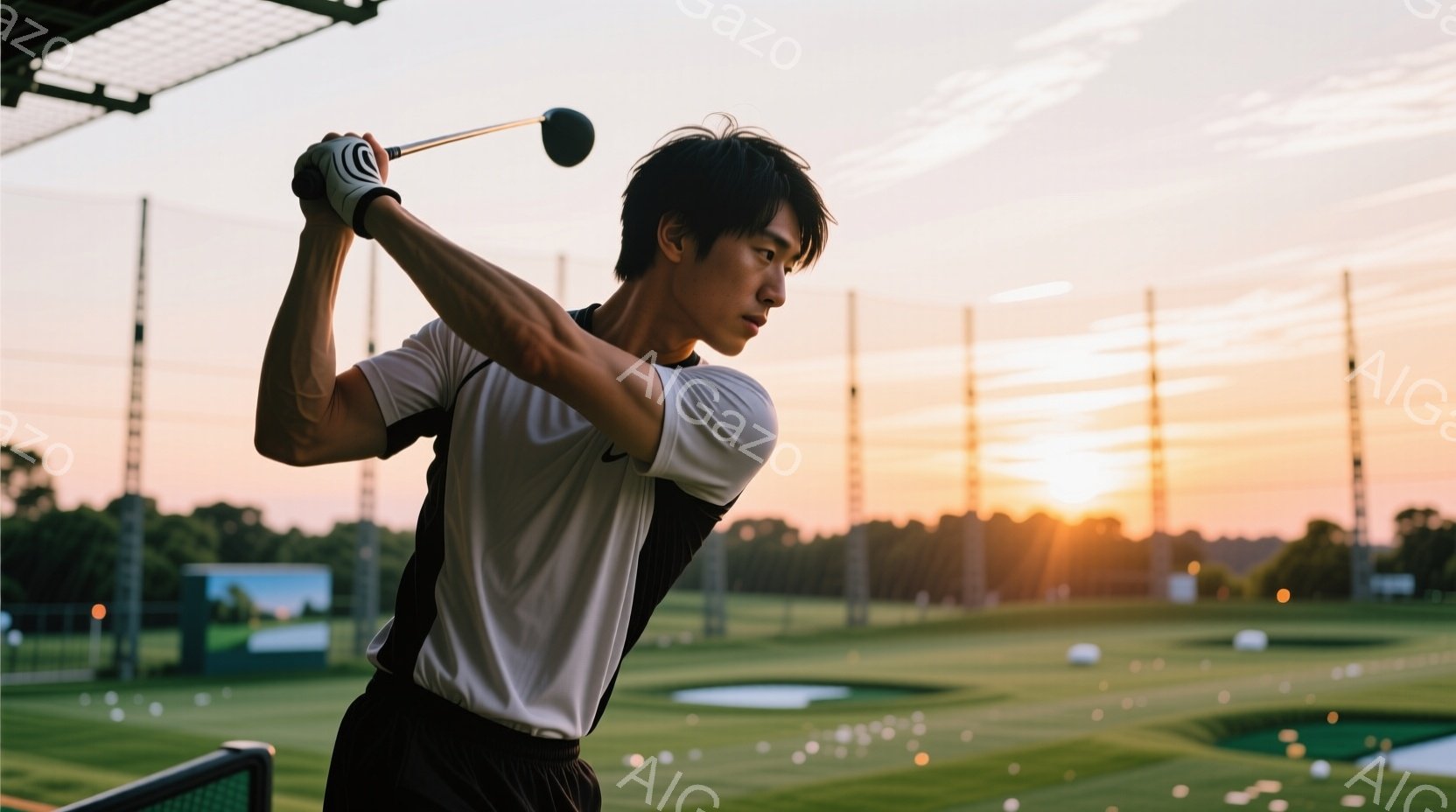 若い男性がゴルフの練習場でスイングしている様子が捉えられています。白と黒のコントラストが際立つスポーツウェアを身に着け、短髪で引き締まった表情で力強くクラブを振りかぶっています。背景にはゴルフコースと - AI生成フリー素材