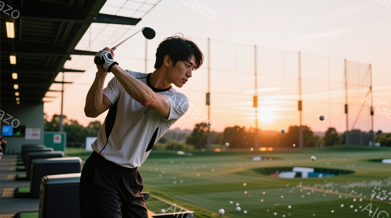 若い男性がゴルフ練習場でスイングしている様子が写っている。白いシャツに黒いズボンを着用し、短髪で引き締まった表情をしている。背景には緑のゴルフコースと夕焼け空が広がり、練習場の屋根とネットが並んでいる。