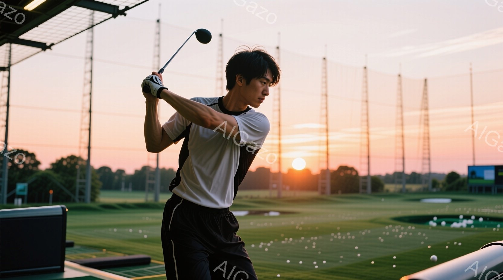紺色のゴルフウェアに白いストライプのシャツを着た若い男性が、ゴルフの練習場でスイングをしている様子が捉えられています。彼は前傾姿勢で力強くクラブを振り、集中した表情をしています。背景には、夕焼け空の下、ゴルフボールが散らばるフェアウェイと、遠くに見える建物のシルエットが広がっています。