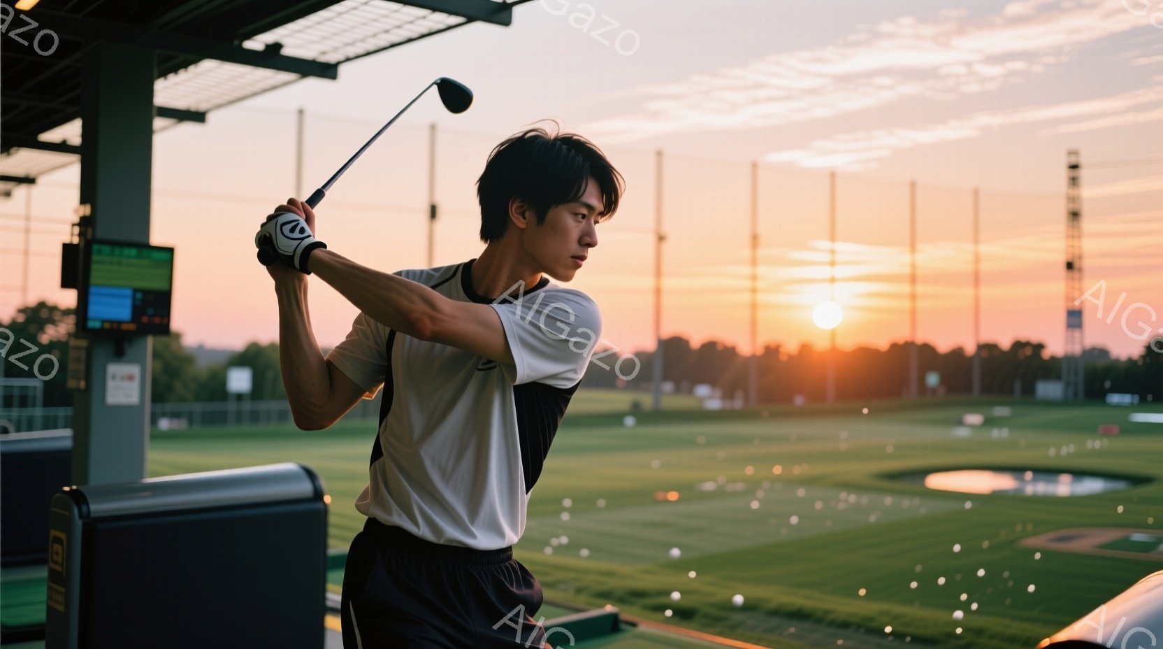 若い男性がゴルフ練習場でスイングしている様子が写っている。彼は白と黒のストライプのシャツと黒いパンツを着用し、髪は短く整えられている。背景にはゴルフ場が広がり、夕焼け空が暖かく、練習場の構造物と白く散らばるゴルフボールが目に映る。