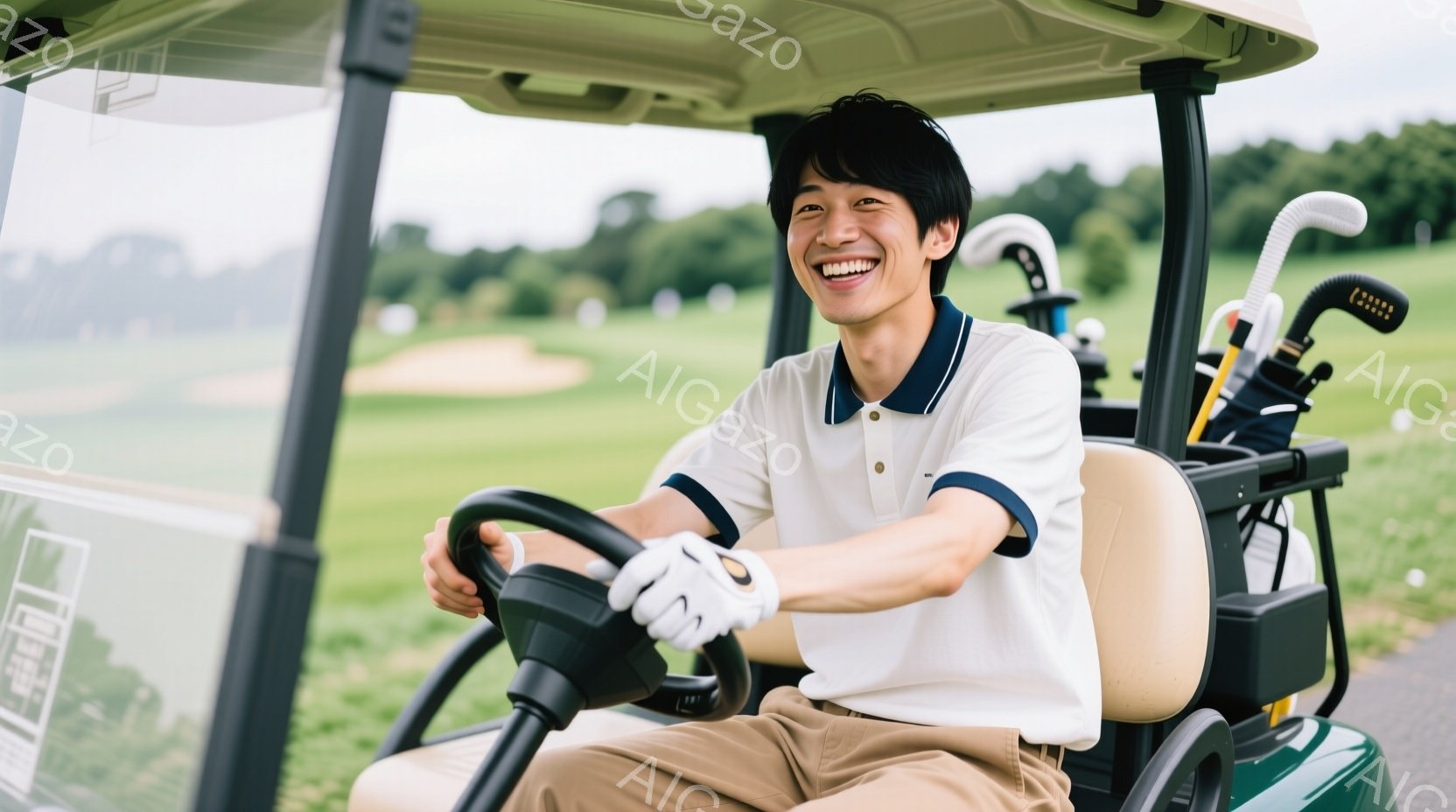 若い男性がゴルフカートを運転している様子が写っている。彼は白いポロシャツにベージュ色のズボンを着用し、片手にゴルフグローブをはめており、満面の笑みを浮かべている。背景には緑豊かなゴルフコースが広がり、晴天の下でゴルフを楽しんでいる様子が伝わる。