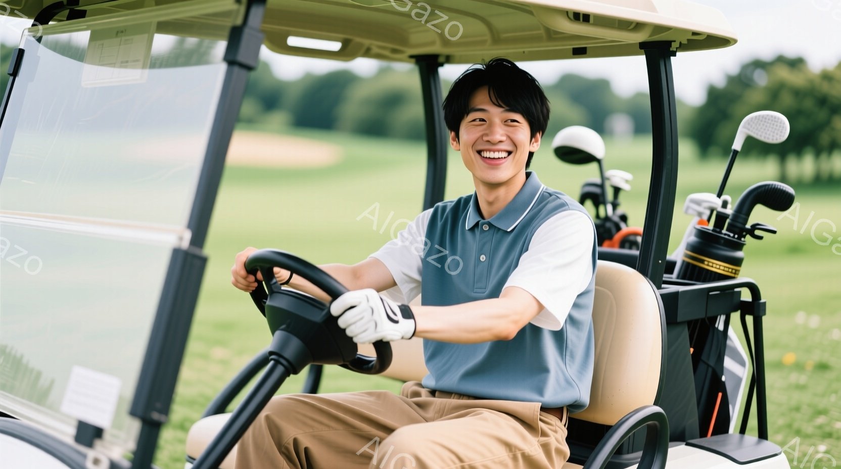 若い男性がゴルフカートを運転しており、明るい笑顔を浮かべている。彼は水色のポロシャツとベージュ色のズボンを着用し、ゴルフグローブをはめて運転席でリラックスした姿勢を見せている。背景には緑豊かなゴルフコースが広がり、晴れた日の穏やかな雰囲気が感じられる。