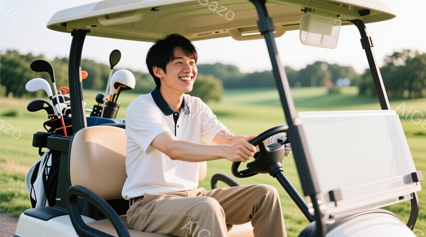 若い男性がゴルフカートを運転しており、白いポロシャツとベージュ色のパンツを着用しています。彼は笑顔で、リラックスした様子でハンドルを握り、ゴルフ場を走っているようです。背景には緑豊かなゴルフコースが広がり、晴れた日の穏やかな雰囲気が感じられます。