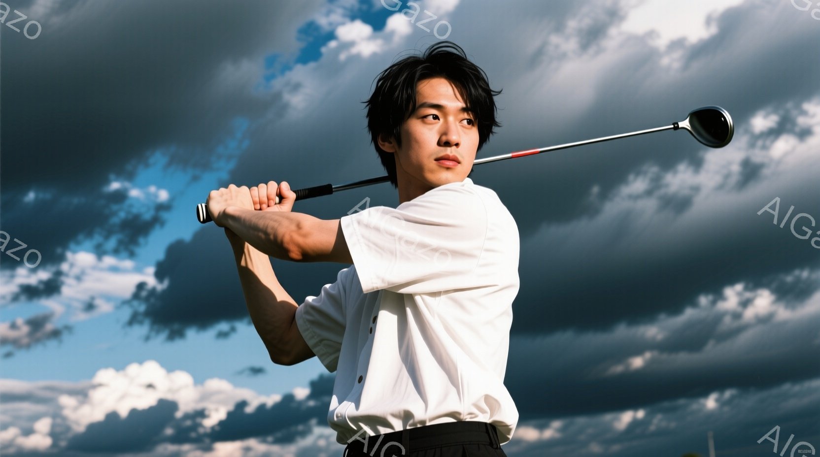 白い襟付きシャツに黒いズボンを着用した若い男性が、ゴルフスイングの最中です。髪は黒く、少し無造作にセットされており、真剣な表情でボールを見つめています。背景には青空と白い雲が広がり、ゴルフコースの緑が広がっており、爽やかでダイナミックな雰囲気を醸し出しています。