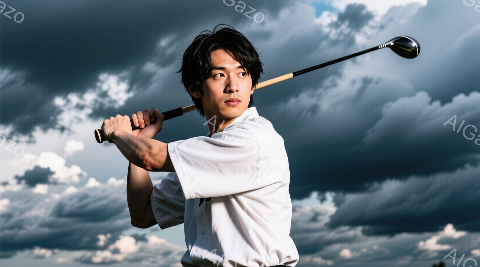 白いゴルフウェアを着た若い男性が、ゴルフのスイングをしているところです。彼は少し前かがみになり、力強くクラブを振りかぶっており、真剣な表情をしています。背景には、暗雲が広がり、重厚な空が広がっており、ドラマチックな雰囲気を作り出しています。