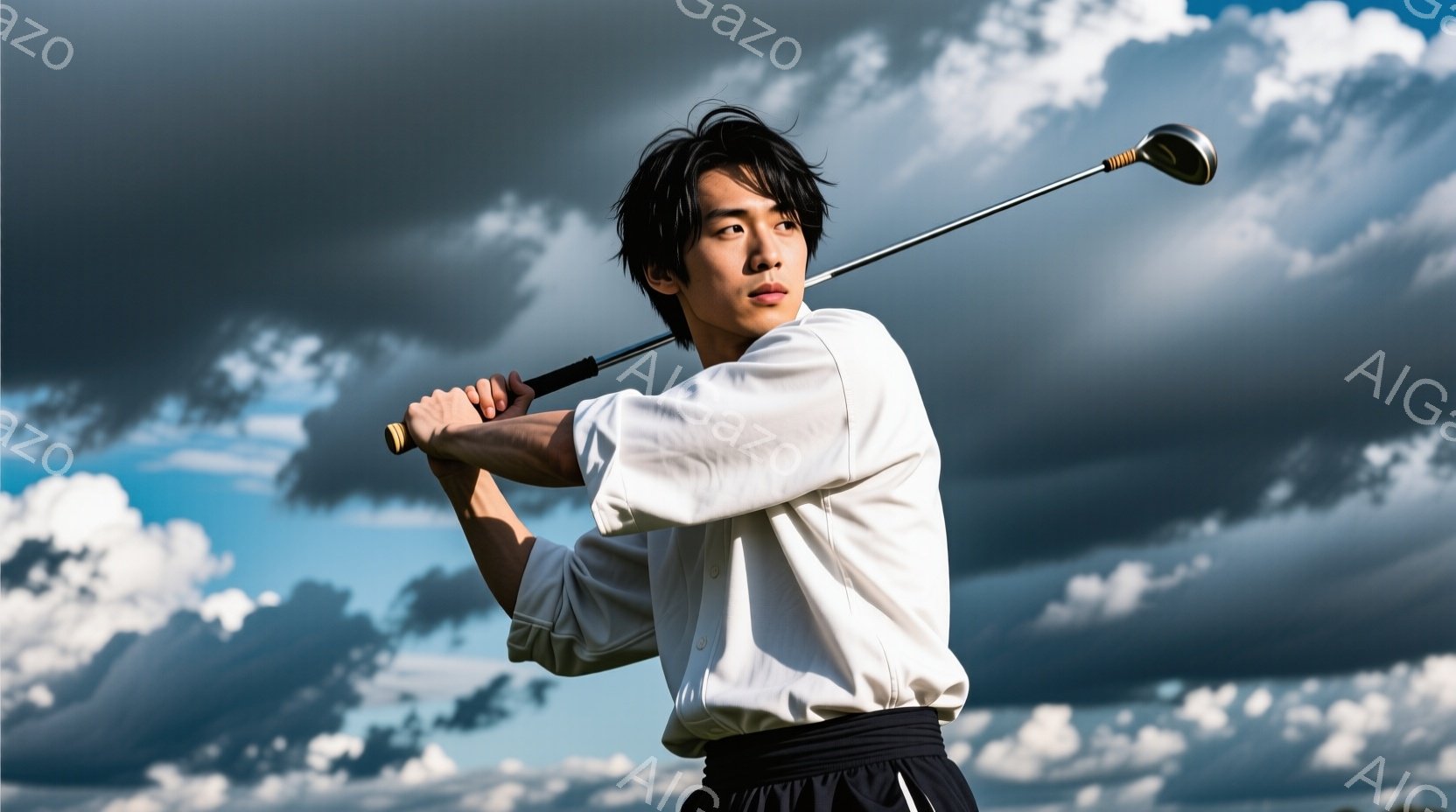 若い男性がゴルフのスイングをしている写真です。白い長袖シャツと黒いパンツを身につけ、髪は無造作にセットされています。背景には青空と白い雲が広がり、ゴルフ場の緑が広がっています。