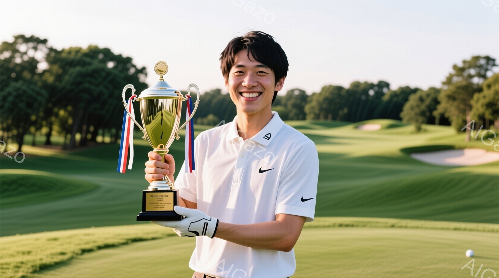 若い男性がゴルフ場でトロフィーを掲げて笑顔を浮かべている。彼は白いポロシャツにグローブを着用し、短髪で整髪されている。背景には緑豊かなゴルフコースが広がり、晴天の下、爽やかな雰囲気が漂っている。