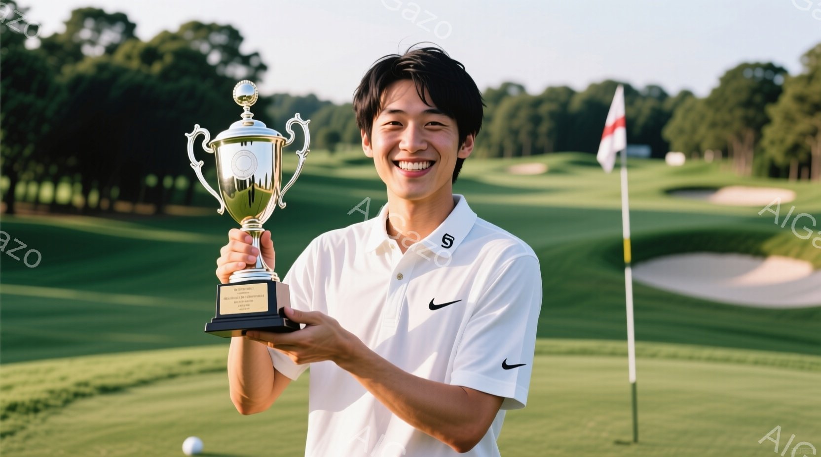 若い男性がゴルフ場でトロフィーを手に笑顔で立っている。彼は白いポロシャツに黒のロゴが入っており、姿勢は軽く前傾している。背景には緑豊かなゴルフコースが広がり、旗が立っている晴天の屋外の様子が伺える。