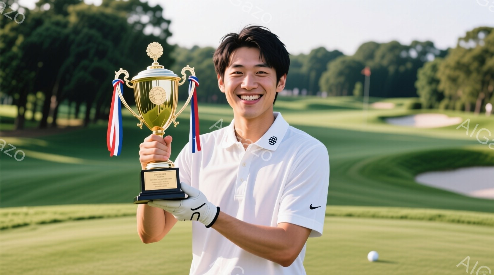 若い男性がゴルフのトロフィーを高く掲げ、満面の笑みを浮かべている。白いポロシャツにゴルフウェア、グローブを着用し、短く整えられた黒髪が特徴的だ。背景には緑豊かなゴルフコースが広がり、晴天で穏やかな雰囲気が漂っている。
