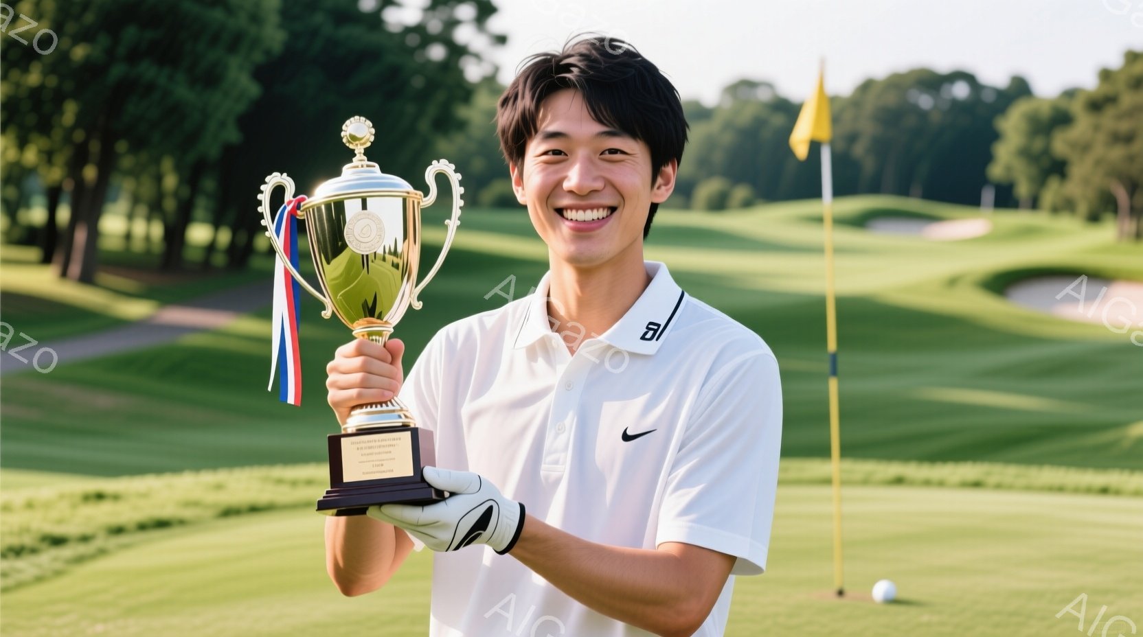 若い男性がゴルフ場でトロフィーを抱え、満面の笑みを浮かべている。彼は白いポロシャツにゴルフウェア、片手にゴルフグローブを着用し、短髪で整髪されている。背景には緑豊かなゴルフコースが広がり、晴天の下、穏 - AI生成フリー素材