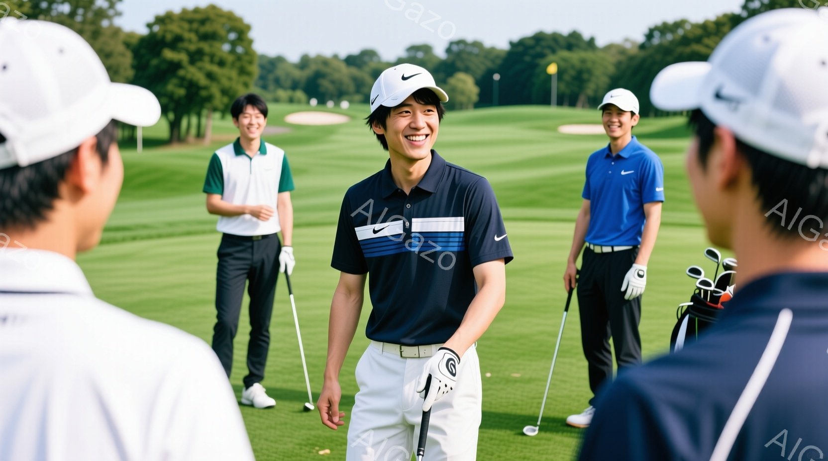 複数の若い男性がゴルフ場で立っており、一人がカメラに向かって笑顔でこちらを見ている。彼らはポロシャツ、パンツ、帽子を着用し、ゴルフバッグやクラブを持っている。背景には緑豊かなゴルフコースと、晴れた空が広がり、爽やかな雰囲気が漂っている。