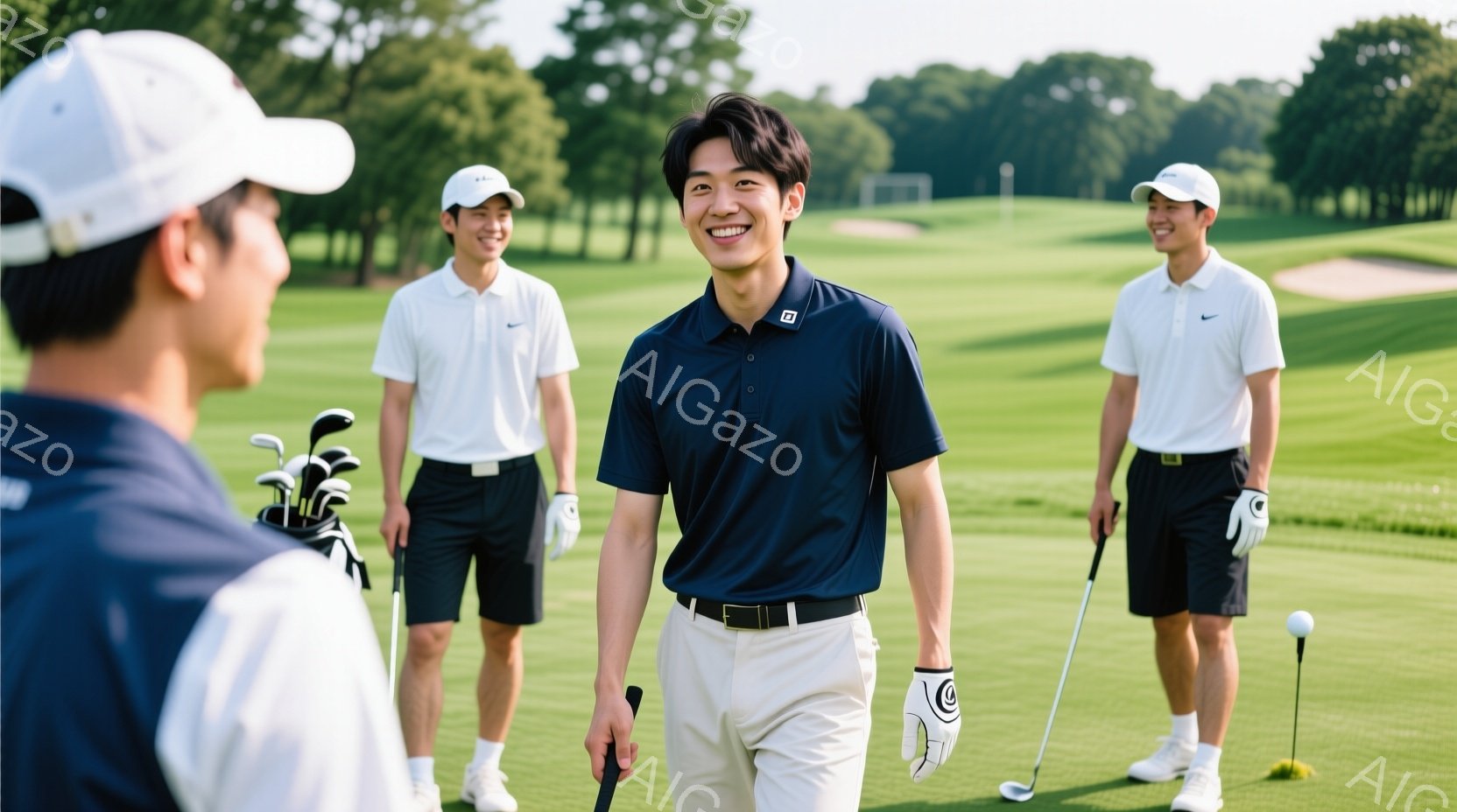 晴れた日のゴルフコースで、若い男性たちが楽しそうに立っている様子が写っている。紺色のポロシャツとベージュのパンツを着用した男性がカメラに向かって笑顔で歩いてきており、他の男性たちは白いポロシャツと黒の短パン姿で、彼を見つめている。背景には緑豊かなゴルフコースが広がり、遠くには木々が見え、穏やかでリラックスした雰囲気が漂っている。