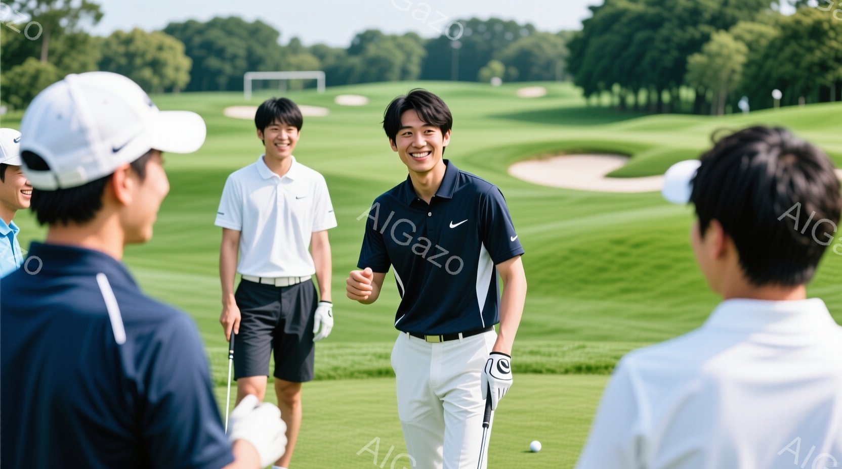 晴れた日のゴルフ場で、数人の男性たちが楽しそうにしている様子が写っている。紺色のポロシャツを着た男性が満面の笑みを浮かべ、親指を立てて何かを祝福しているように見える。背景には緑豊かなゴルフコースが広がり、遠くには木々が生い茂っている。