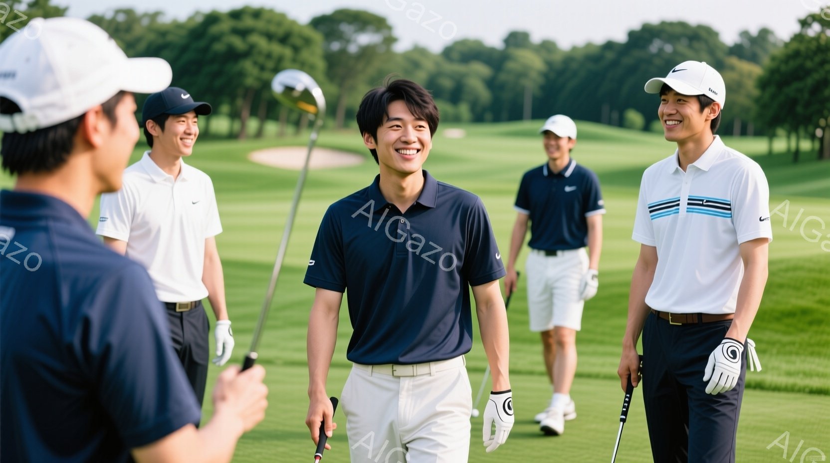 4人の若い男性がゴルフ場で笑顔で立っている。彼らは皆、ポロシャツにズボン、帽子、ゴルフグローブを着用しており、カジュアルなゴルフウェアを着ていることがわかる。背景には緑豊かなゴルフコースが広がり、晴天の下、爽やかな雰囲気を感じさせる。