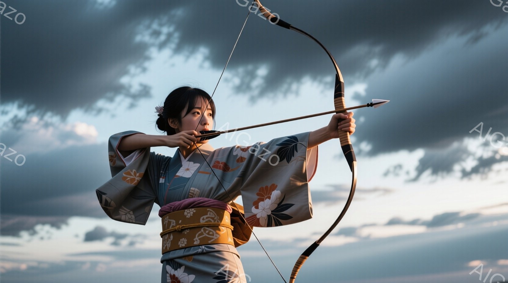 灰色の地に花柄が入った着物を着た女性が、弓を構えています。彼女は髪を後ろでまとめ、集中した表情で矢を放とうとしています。背景は夕焼けのような空で、雲が広がっており、静かで力強い雰囲気を醸し出しています - AI生成フリー素材