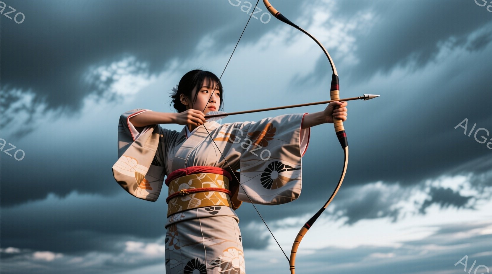 鮮やかな空の下、着物を着た女性が弓を構えています。彼女はクリーム色の地に牡丹模様が入った着物を着ており、帯は赤とオレンジのグラデーションです。空は曇り空で、彼女の姿は力強く、日本の伝統的な美しさを際立たせています。
