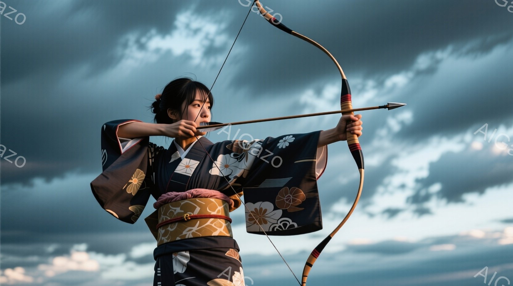 深い藍色の着物を着た女性が、弓を引き絞っています。髪は後ろで一つにまとめられ、集中した表情で遠くを見据えています。背景には、薄雲が広がる夕焼け空が広がり、凛とした雰囲気の中にどこか寂しさを感じさせます - AI生成フリー素材