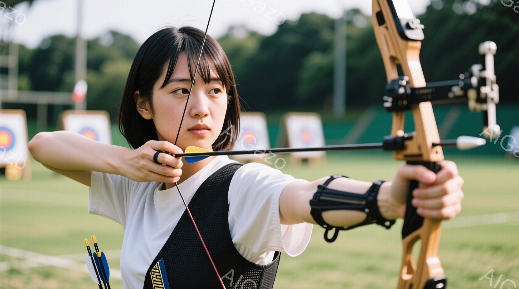 競技場で弓を構える女性が写っている。白いTシャツと黒のベストを着用し、短くダークブラウンのヘアスタイルをしている彼女は、真剣な表情で集中してターゲットを見据えている。背景には緑の芝生と遠くに見える木々 - AI生成フリー素材