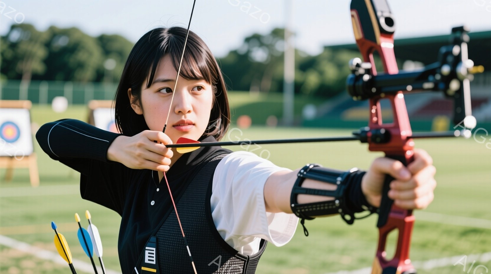 アーチェリーの選手が競技に集中している様子が写っている。黒い長袖シャツとベストを着用し、髪は後ろで一つにまとめている。背景には緑の芝生とターゲット、そして遠くに見える建物があり、晴天の下で競技が行われ - AI生成フリー素材