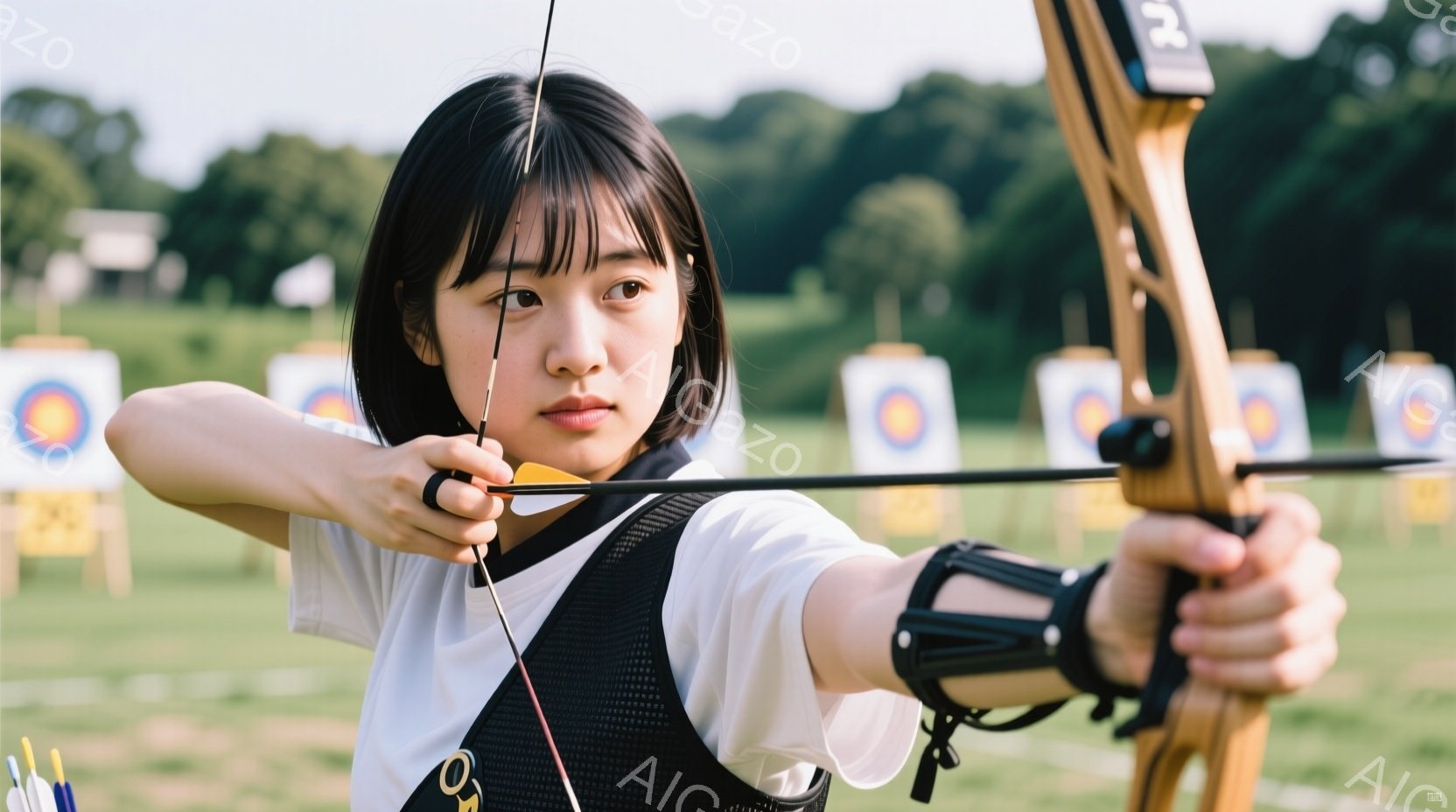 若い女性がアーチェリーの練習をしている様子が写っている。白の半袖シャツと黒のベストを着用し、髪は肩にかかるくらいの長さで前髪が目にかかっている。彼女は弓を引き、ターゲットに向かって構えている姿勢で、表 - AI生成フリー素材
