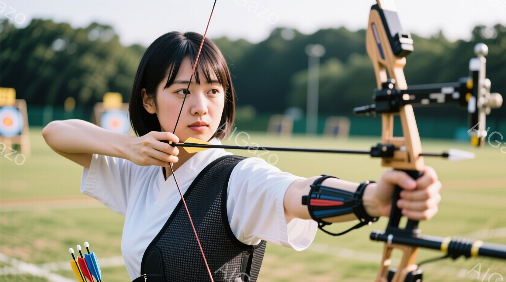 若い女性が弓矢の構えをとっており、白いTシャツに黒のベストを着用しています。彼女は短髪で、集中した表情で標的を見据えています。背景には緑の芝生と遠くに見える建物があり、晴れた日の屋外で競技が行われている様子がわかります。