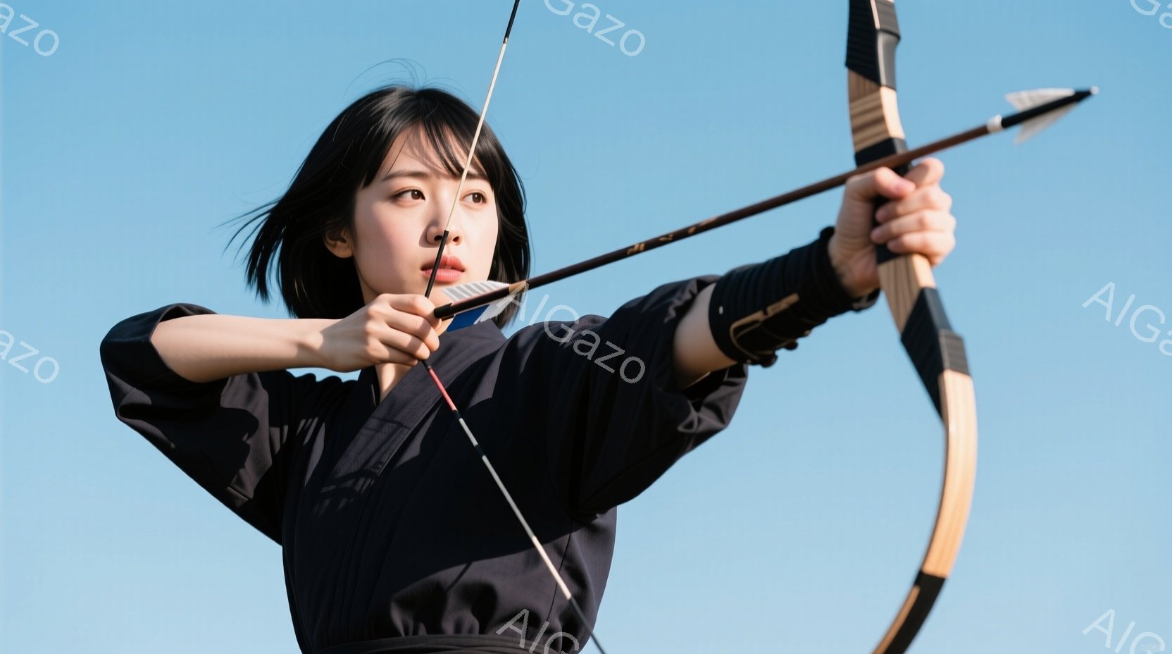 黒い着物を着た若い女性が弓を構えています。彼女は前髪を下ろした黒髪で、集中した表情で標的を見据えています。背景は晴れた青空で、女性の凛とした姿が際立っています。 - AI生成フリー素材