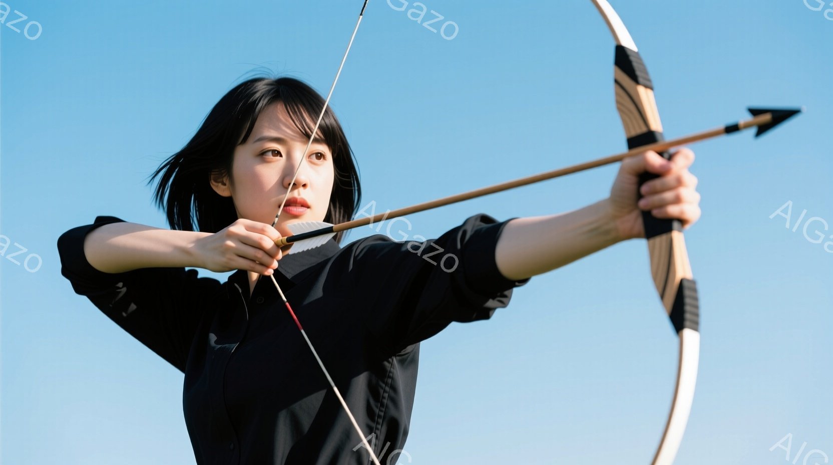 濃い茶色の髪を肩のあたりで切り揃えた女性が、弓を持ち、矢を引く準備をしている。彼女は黒いジャケットを着ており、表情は真剣で集中している。背景は晴れた青空で、緑の草むらが見え、彼女が屋外でアーチェリーをしている様子が伺える。