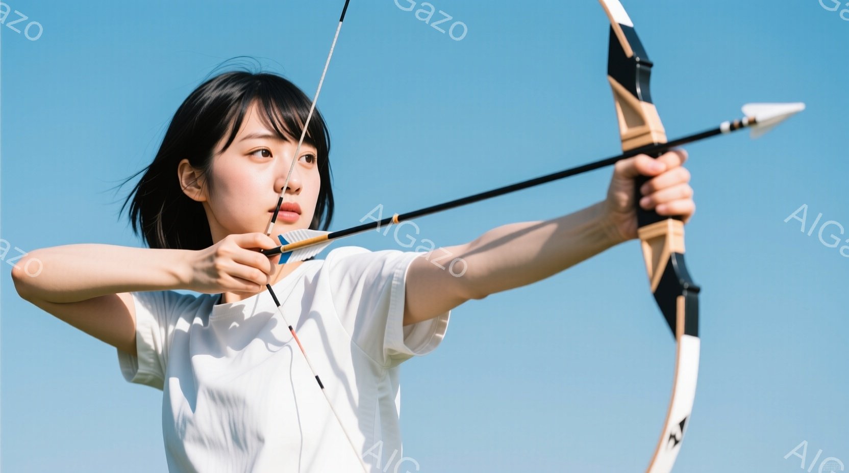 若い女性が弓を持ち、矢を引いている姿が写っている。白いTシャツを着ており、髪は後ろで軽く結われている。背景は晴れた青空で、女性は集中した表情で構えている。