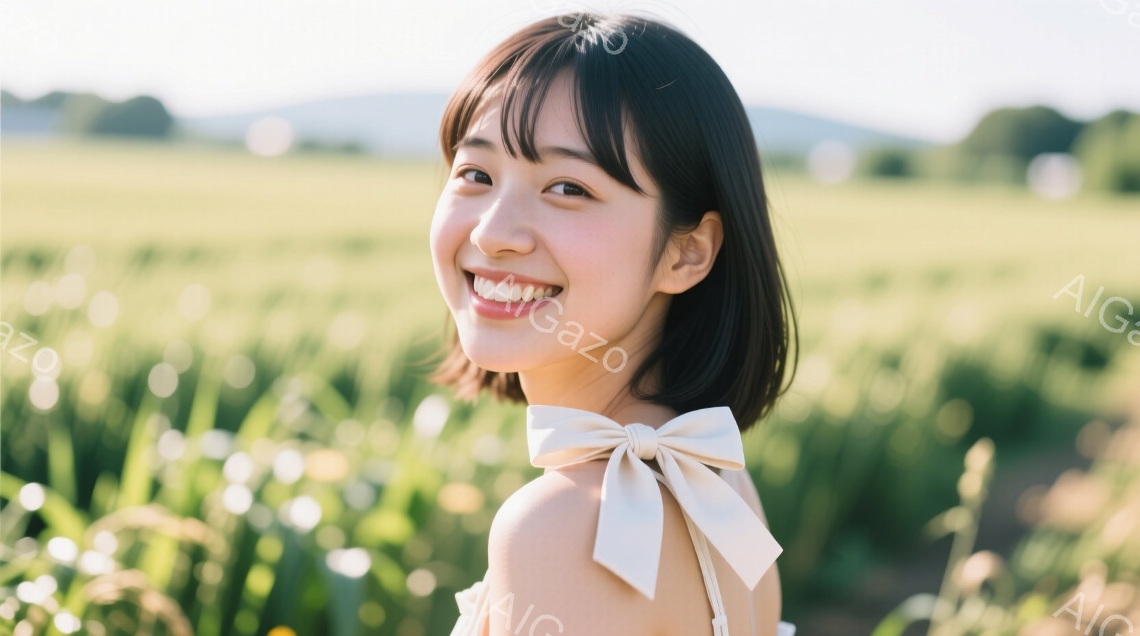 明るい笑顔を浮かべた若い女性が写っている。明るい茶色の前髪と肩までの長さの髪を持ち、オフホワイトの大きなリボンがアクセントになったトップスを着ている。背景には緑豊かな田園風景が広がり、暖かく穏やかな雰 - AI生成フリー素材