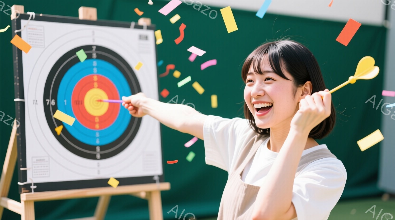 若い女性がダーツボードに向かってダーツを投げている瞬間を捉えた写真です。彼女は白いTシャツを着ており、前髪を下ろしたショートヘアで、満面の笑みを浮かべています。背景にはダーツボードが置かれた緑色の壁が - AI生成フリー素材